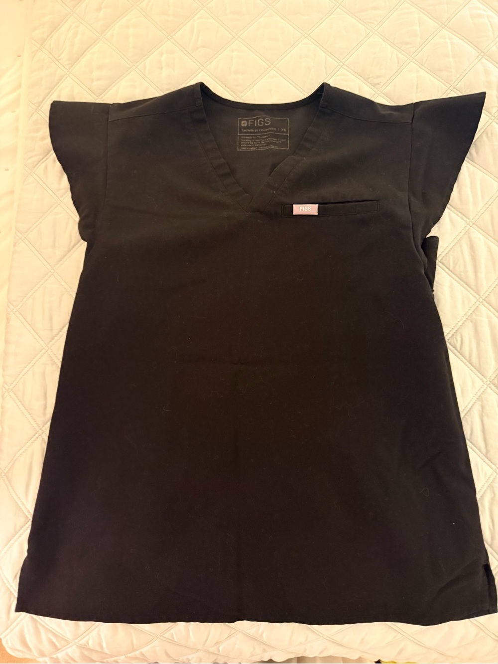 Figs Black V-Neck Scrub Top with Ruffle Sleeve
